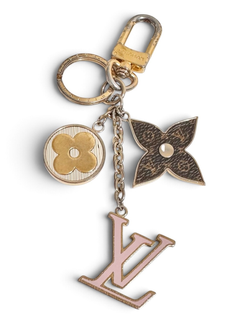 Louis Vuitton Pink & Monogram Spring Street Gold Flower Bag Charm Keychain w.COA
